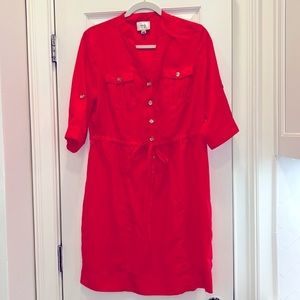 ECI Silky Coral Pink V Neck Office Dress with Belt at Waist sz.10